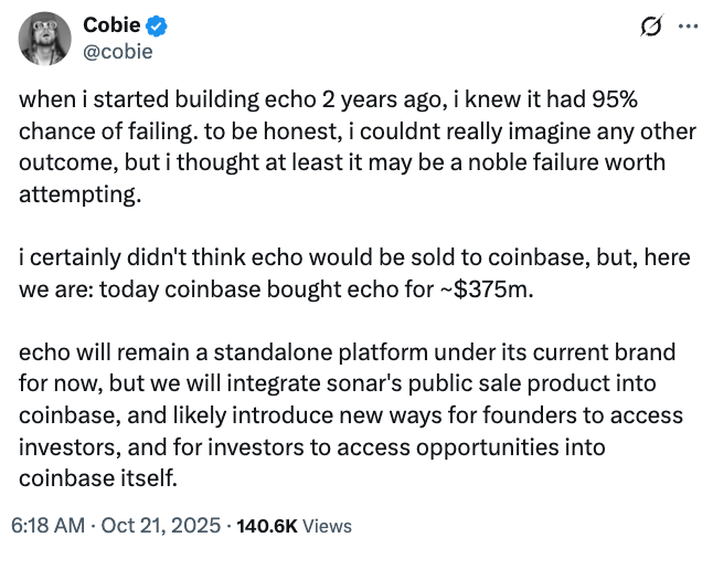 Coinbase Acquires Echo Crowdfunding Platform For $375M 5 019a06a3 af54 7a4a 98a6 4b88d26513b3