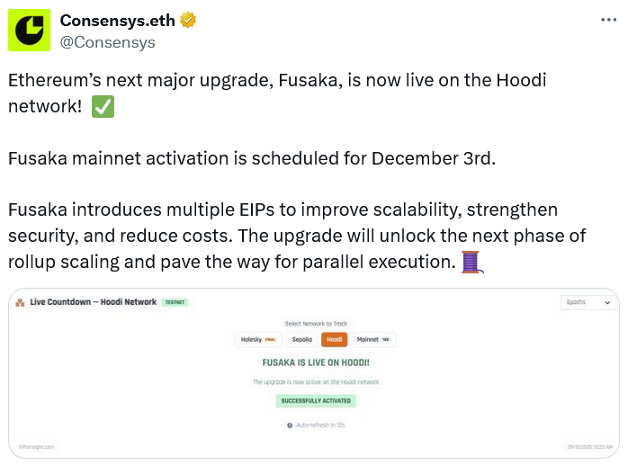 Ethereum’s Fusaka Fork Set for Mainnet After Hoodi Debut 3 019a2e18 6deb 791f a68e d3668ae1ce44