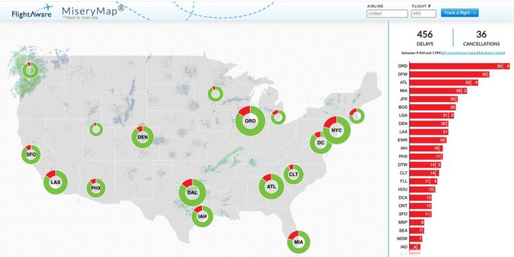 ‘Misery map’ shows which major airports are getting hit the hardest with flight delays and cancellations