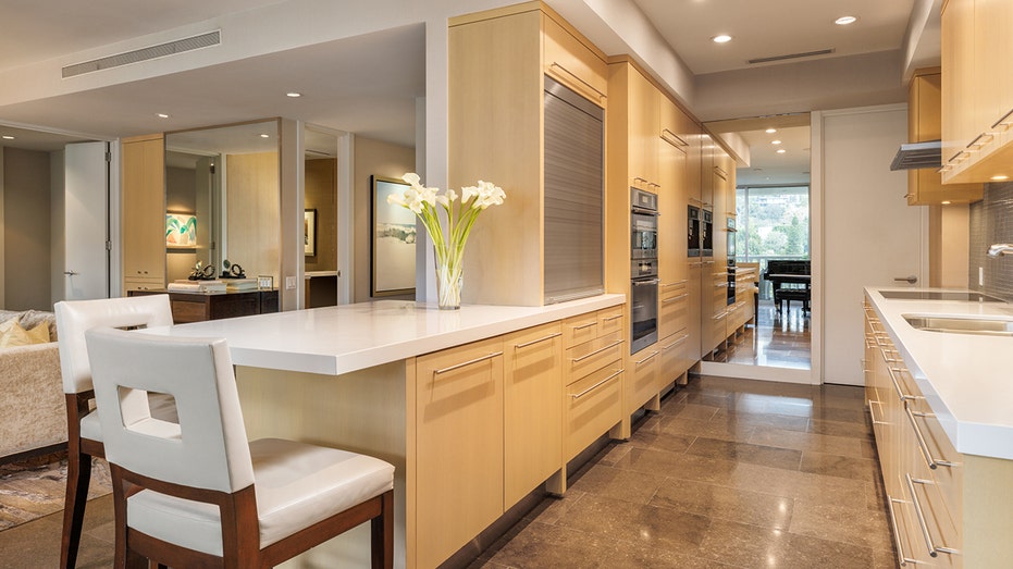 Ozzy Osbourne's Los Angeles condo listed at $2.37M following his death 12 The galley kitchen features an eat-in island and wooden cabinets.